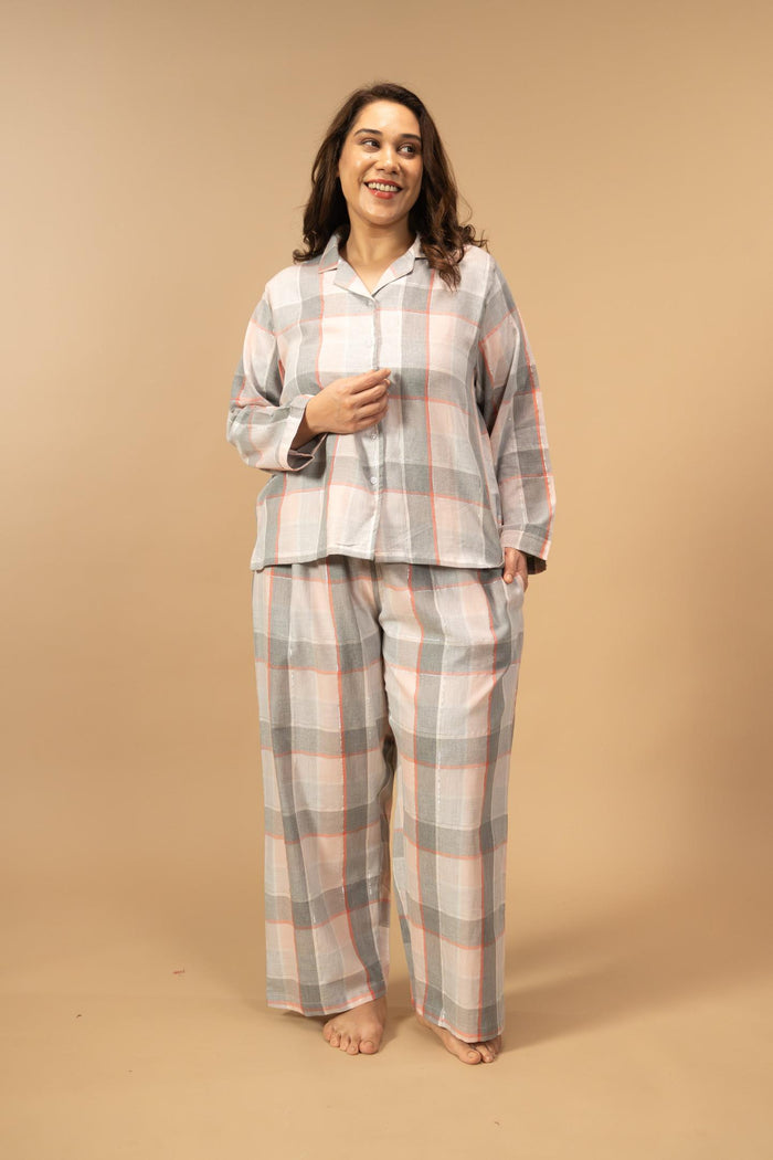 Winter Dusk Lurex Check Cotton Women's Curve Pajama Set - Full Sleeves