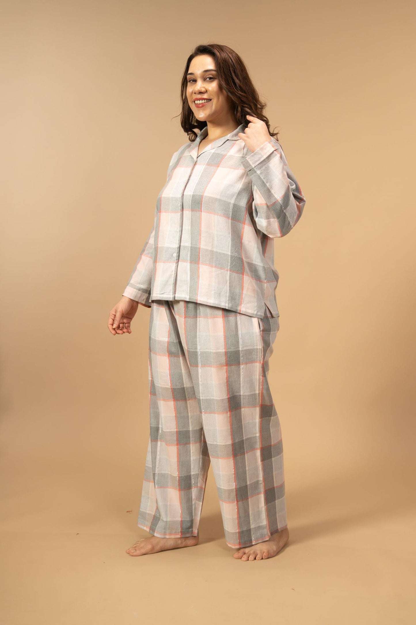 Winter Dusk Lurex Check Cotton Women's Curve Pajama Set - Full Sleeves
