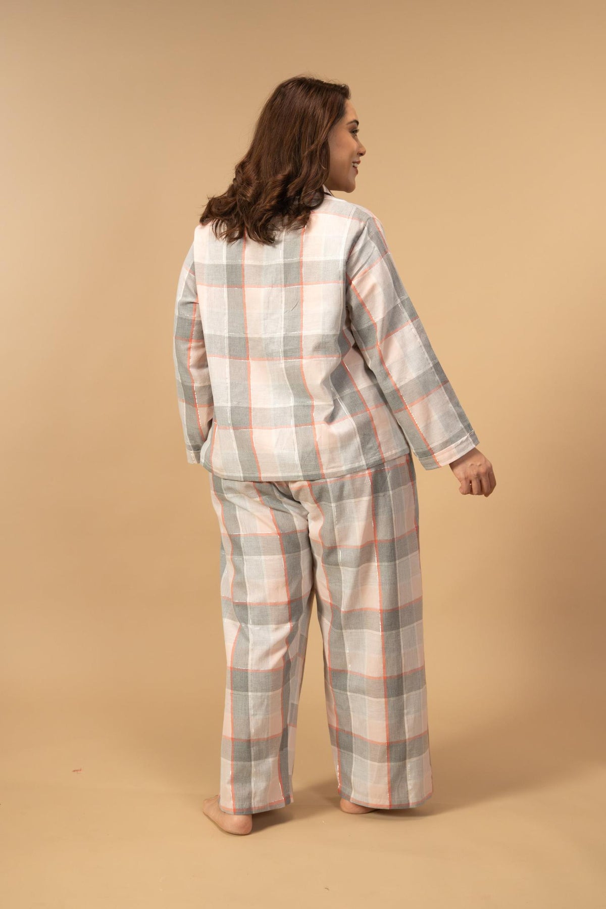 Winter Dusk Lurex Check Cotton Women's Curve Pajama Set - Full Sleeves