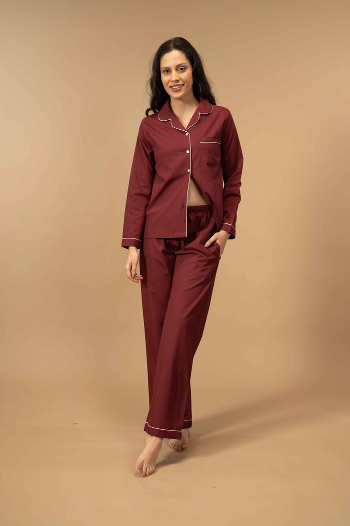 Burgundy Emily Soft Cotton Women's Pajama Set - Full Sleeves