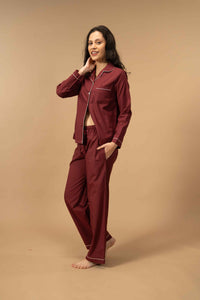 Burgundy Emily Soft Cotton Women's Pajama Set - Full Sleeves