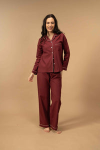Burgundy Emily Soft Cotton Women's Pajama Set - Full Sleeves