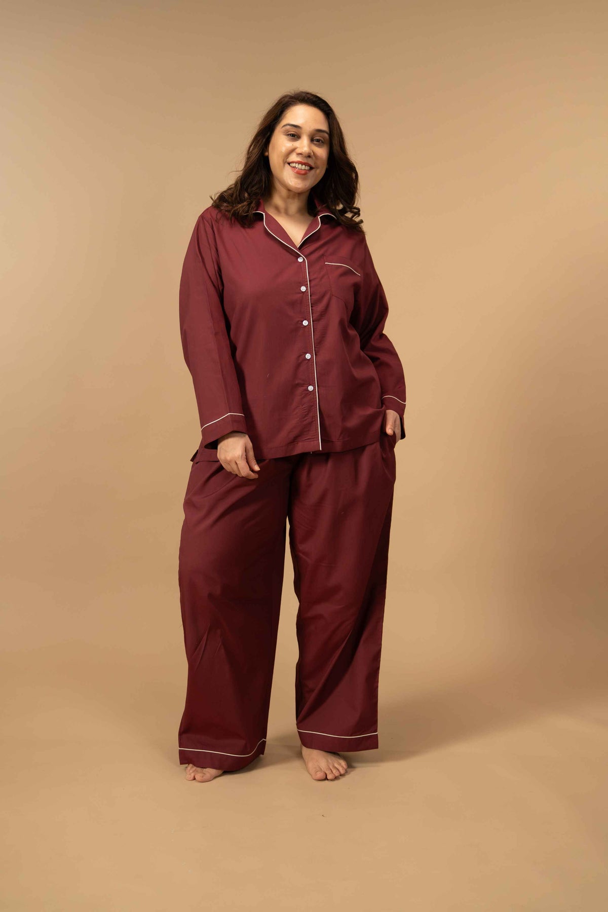 Burgundy Emily Soft Cotton Women's Curve Pajama Set - Full Sleeves