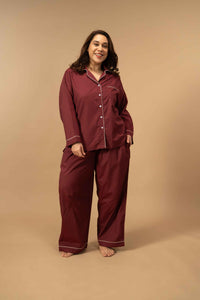 Burgundy Emily Soft Cotton Women's Curve Pajama Set - Full Sleeves