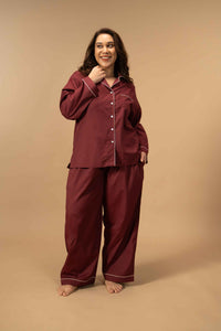 Burgundy Emily Soft Cotton Women's Curve Pajama Set - Full Sleeves
