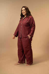 Burgundy Emily Soft Cotton Women's Curve Pajama Set - Full Sleeves