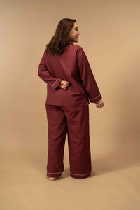 Burgundy Emily Soft Cotton Women's Curve Pajama Set - Full Sleeves