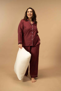 Burgundy Emily Soft Cotton Women's Curve Pajama Set - Full Sleeves