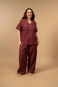 Burgundy Emily Soft Cotton Women's Curve Pajama Set - Half Sleeves
