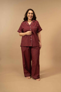 Burgundy Emily Soft Cotton Women's Curve Pajama Set - Half Sleeves