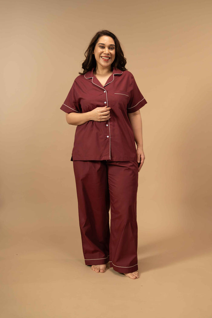 Burgundy Emily Soft Cotton Women's Curve Pajama Set - Half Sleeves