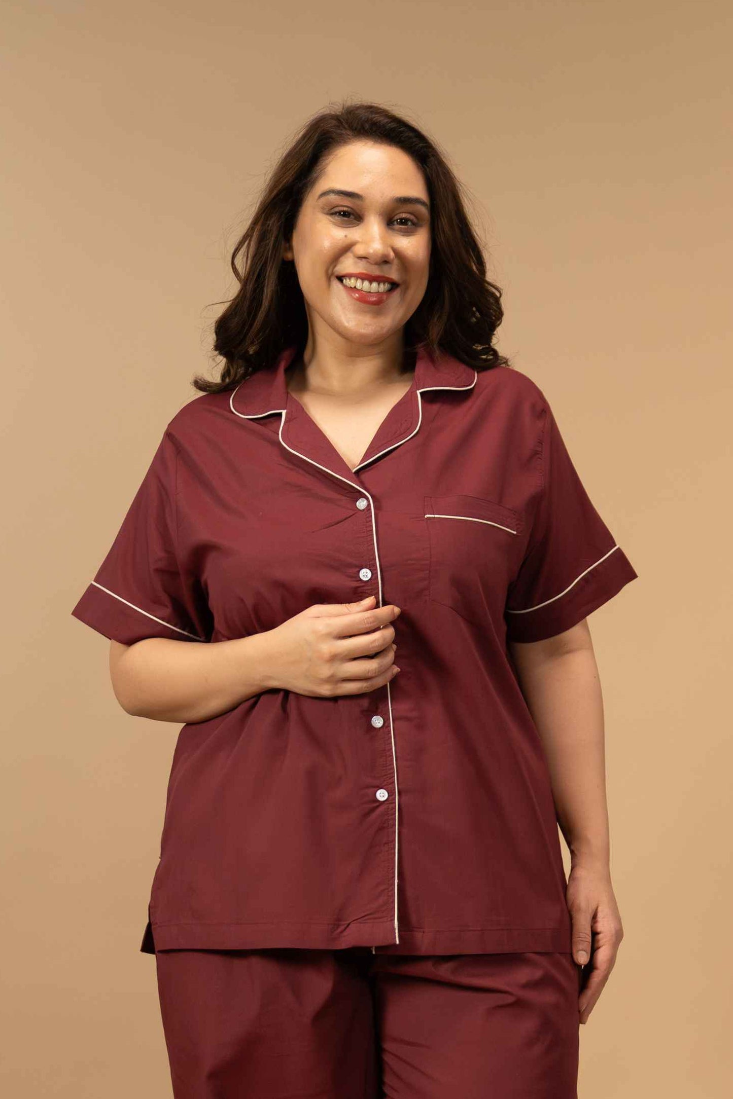 Emily Burgundy Women's Cotton Shirt - Half Sleeves