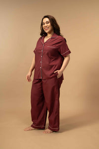 Burgundy Emily Soft Cotton Women's Curve Pajama Set - Half Sleeves