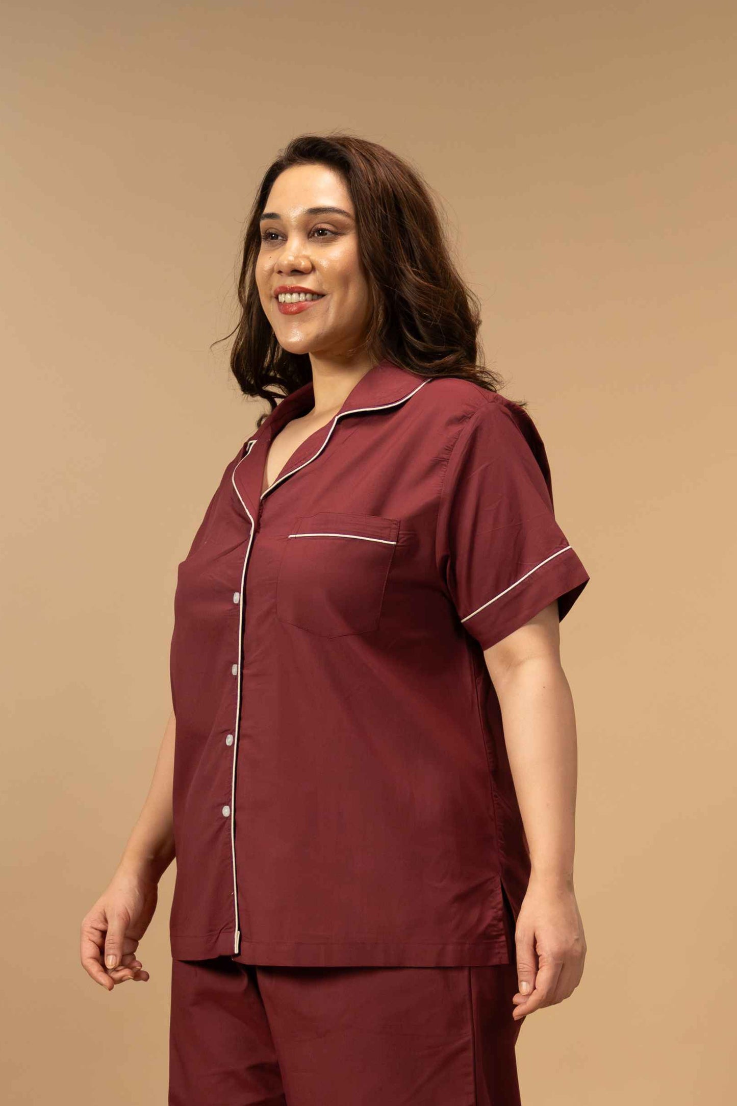 Emily Burgundy Women's Cotton Shirt - Half Sleeves
