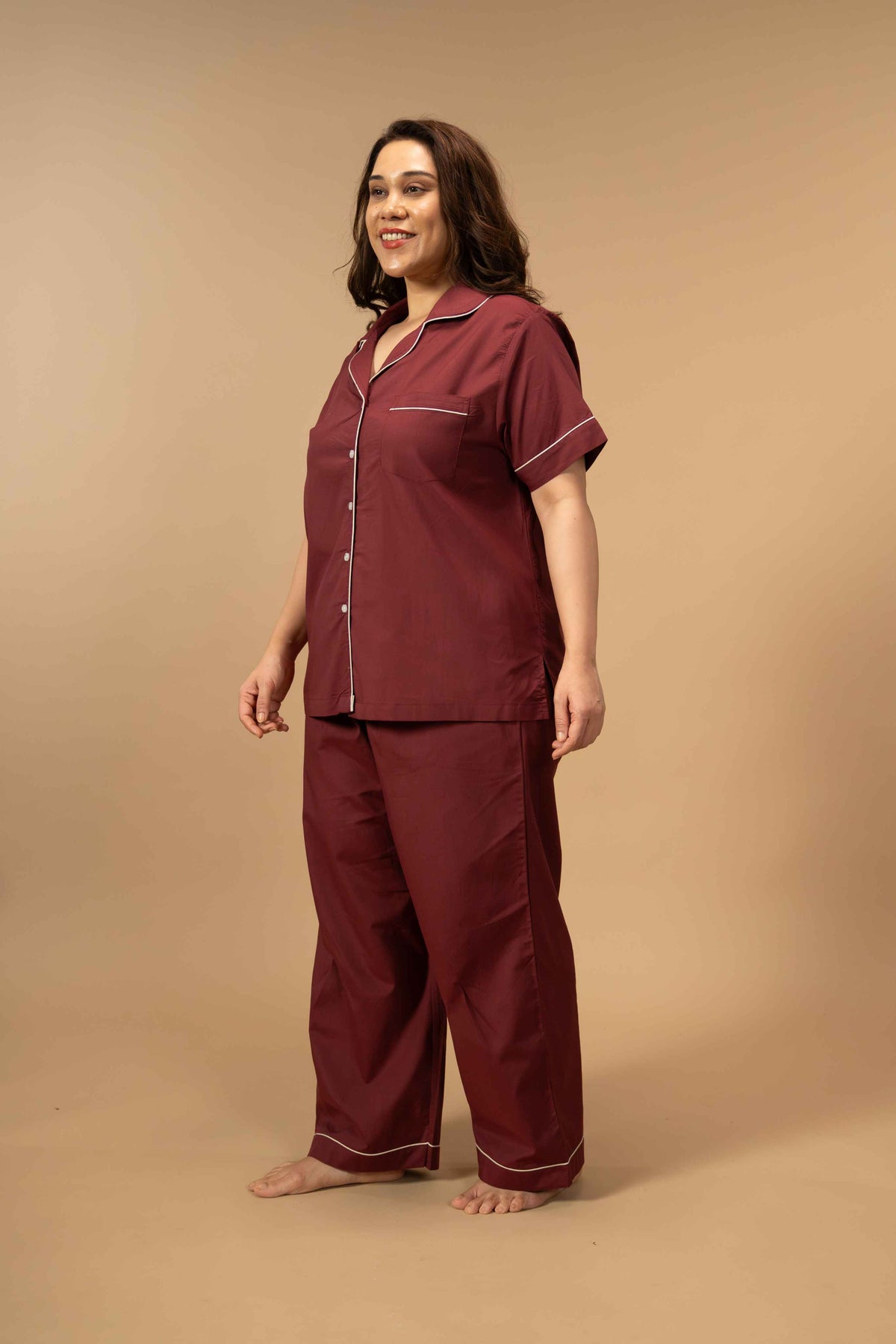 Burgundy Emily Soft Cotton Women's Curve Pajama Set - Half Sleeves
