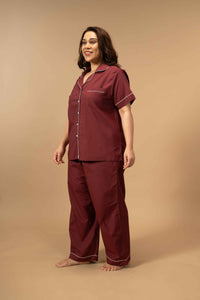 Burgundy Emily Soft Cotton Women's Curve Pajama Set - Half Sleeves