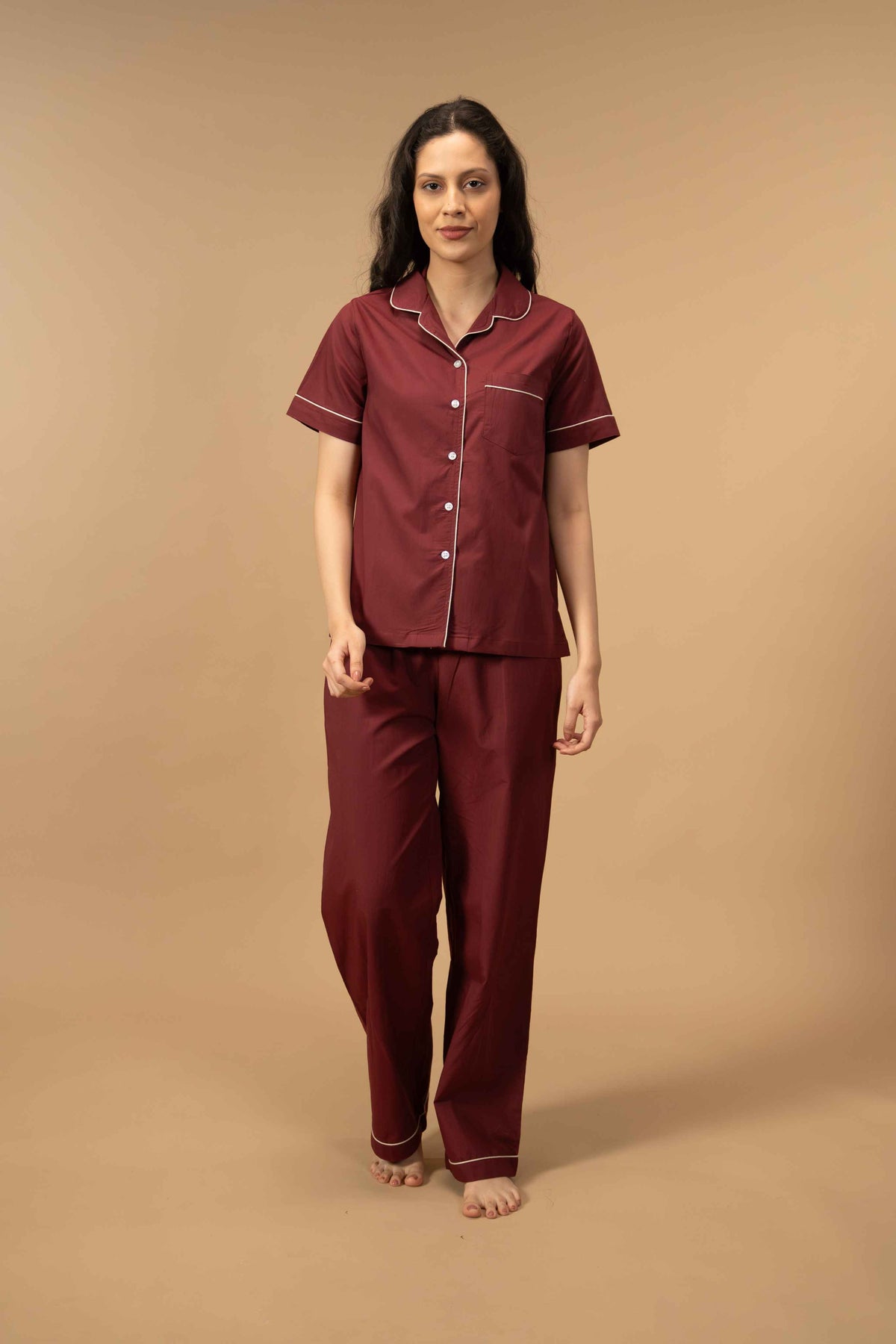 Burgundy Emily Soft Cotton Women's Pajama Set - Half Sleeves