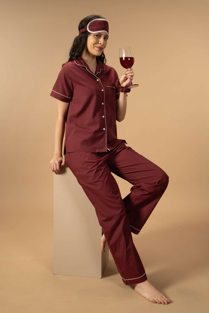 Burgundy Emily Soft Cotton Women's Pajama Set - Half Sleeves