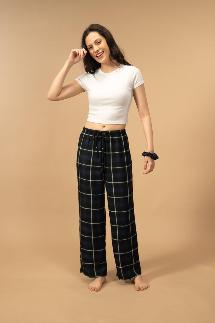 Black and Blue Check Cotton Women's Pajama