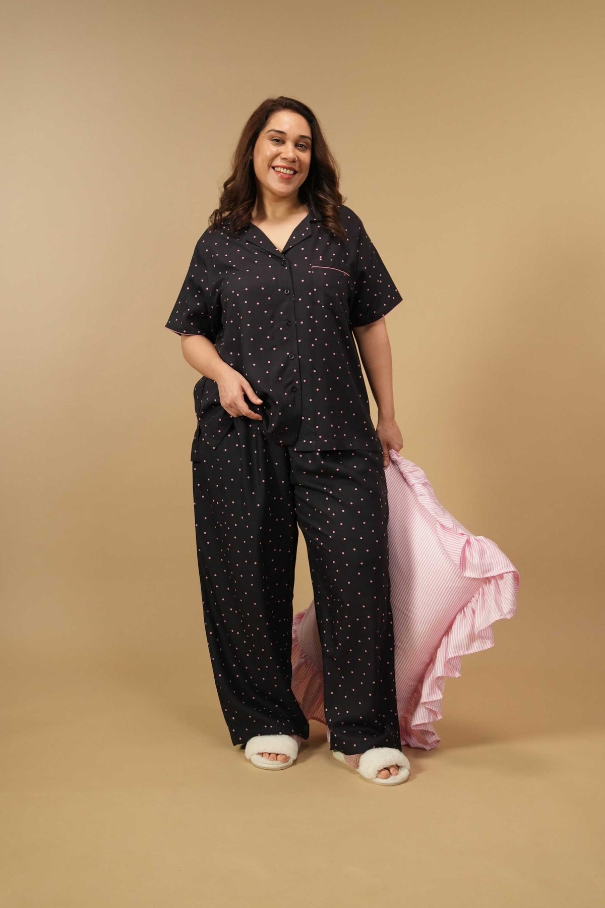 Miley Polka Viscose Women's Curve Pajama Set - Half Sleeves