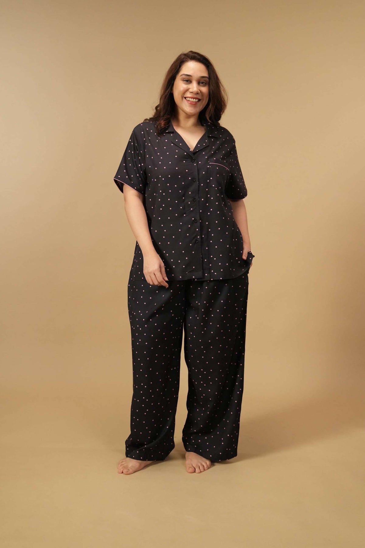Miley Polka Viscose Women's Curve Pajama Set - Half Sleeves