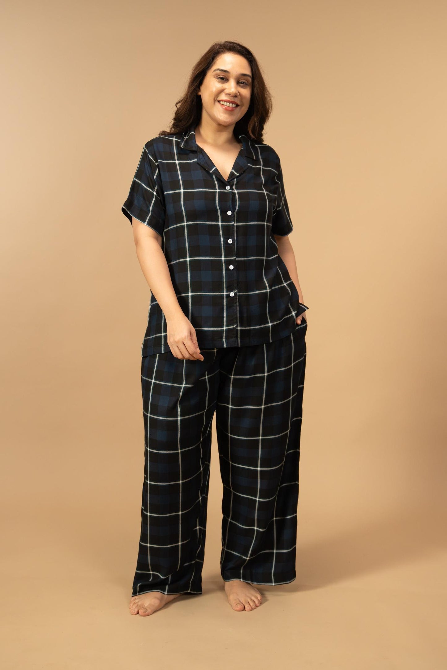 Black and Blue Check Cotton Women's Curve Pajama Set - Half Sleeves