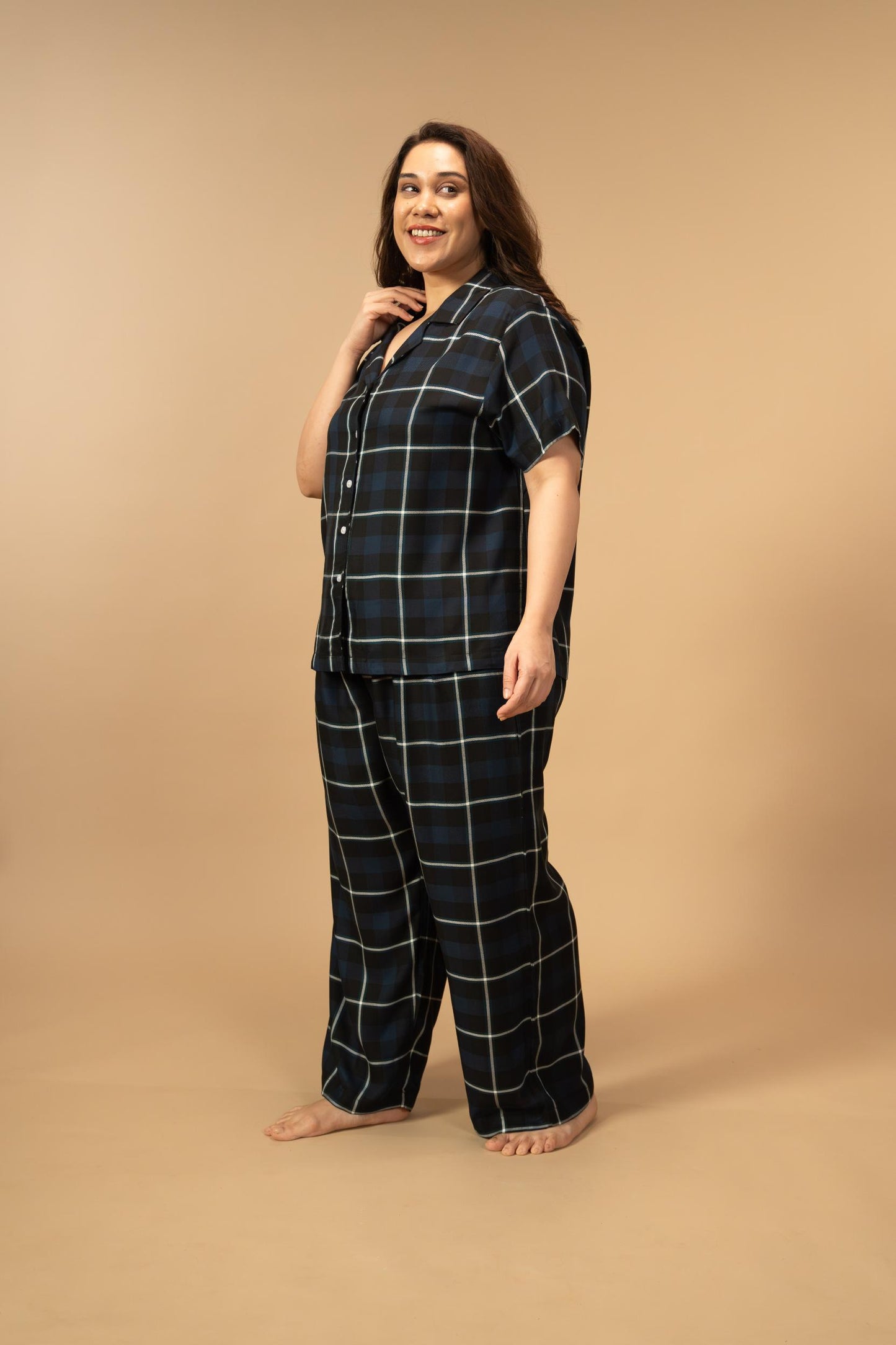 Black and Blue Check Cotton Women's Curve Pajama Set - Half Sleeves