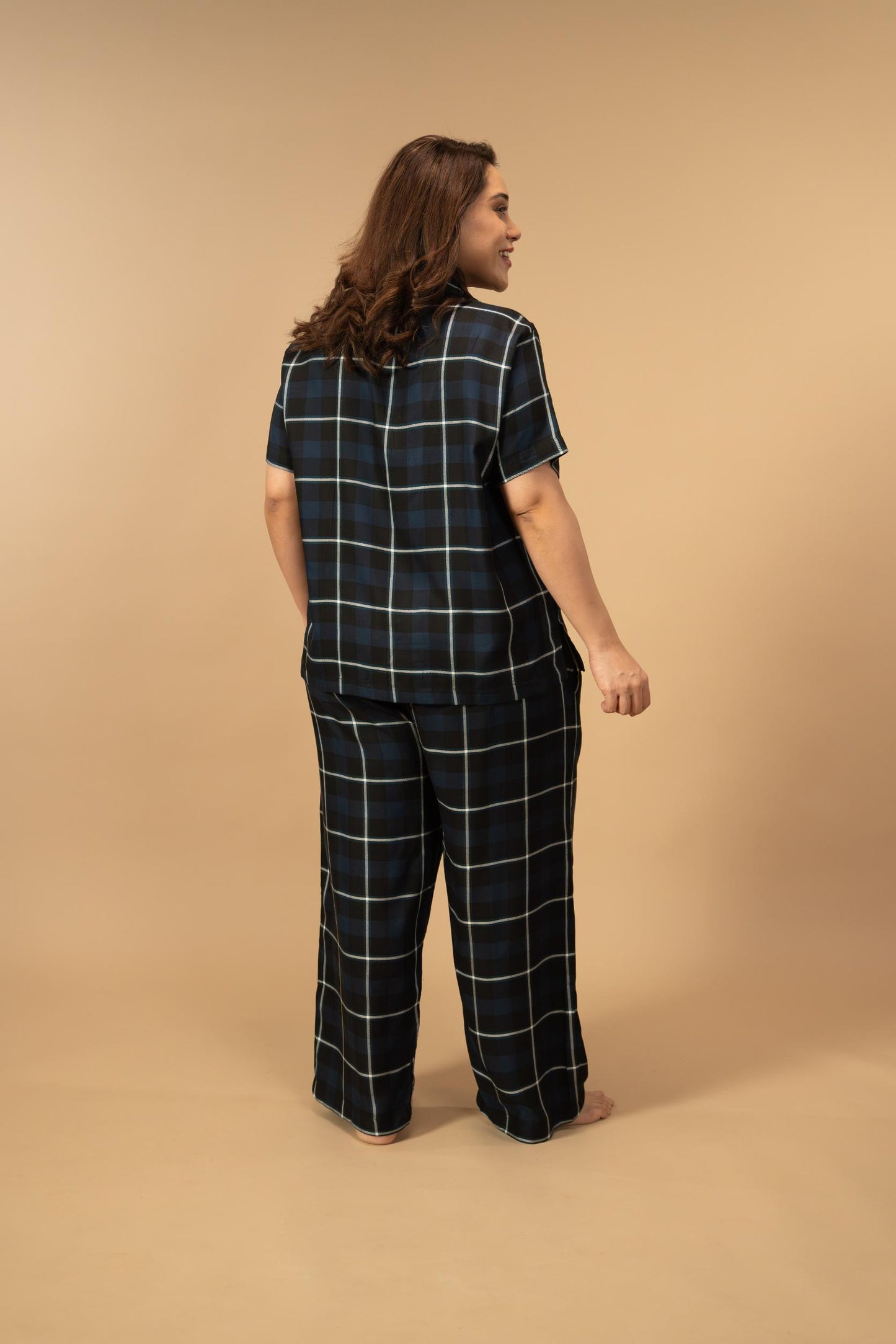 Black and Blue Check Cotton Women's Curve Pajama Set - Half Sleeves