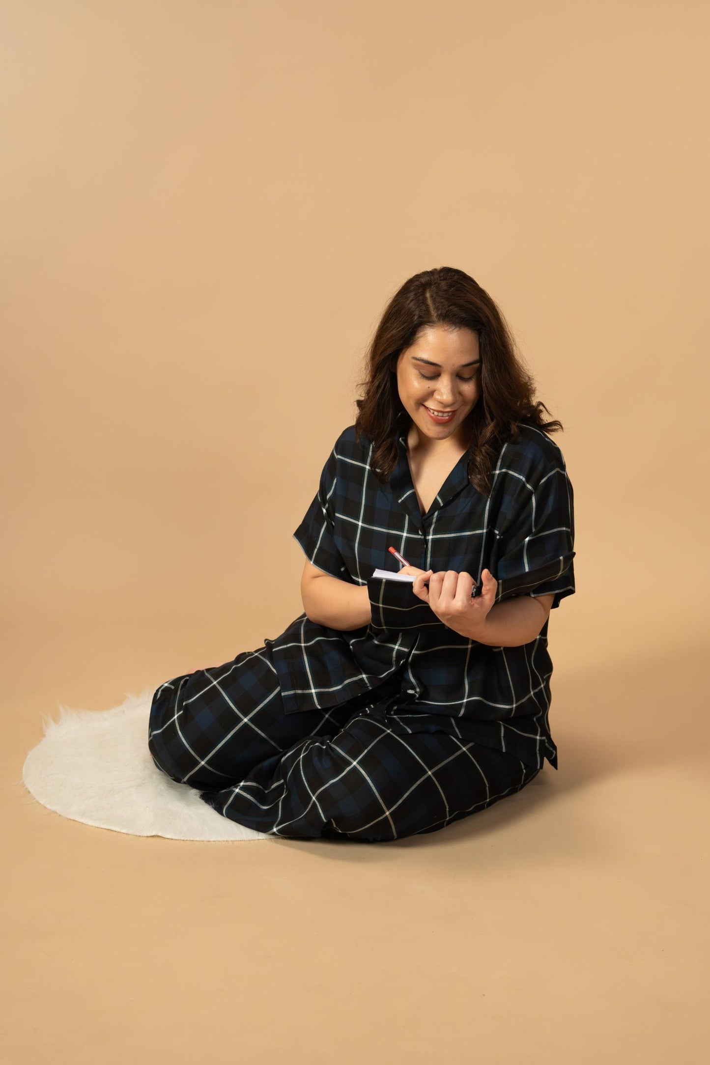 Black and Blue Check Cotton Women's Curve Pajama Set - Half Sleeves