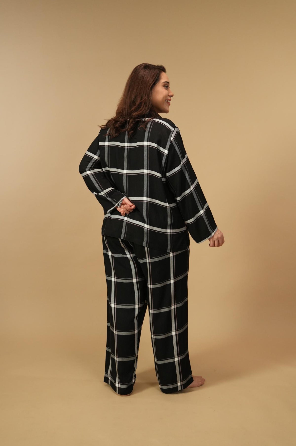 Clara Black Checks Cotton Blend Women's Curve Pajama Set- Full Sleeves