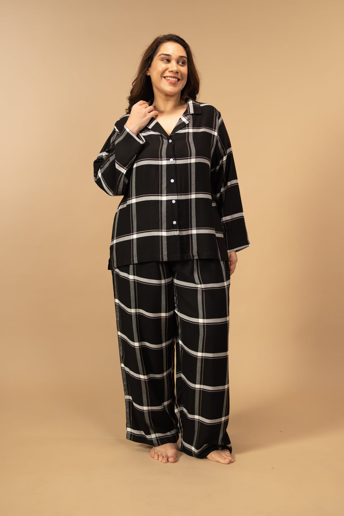 Clara Black Checks Cotton Blend Women's Curve Pajama Set- Full Sleeves