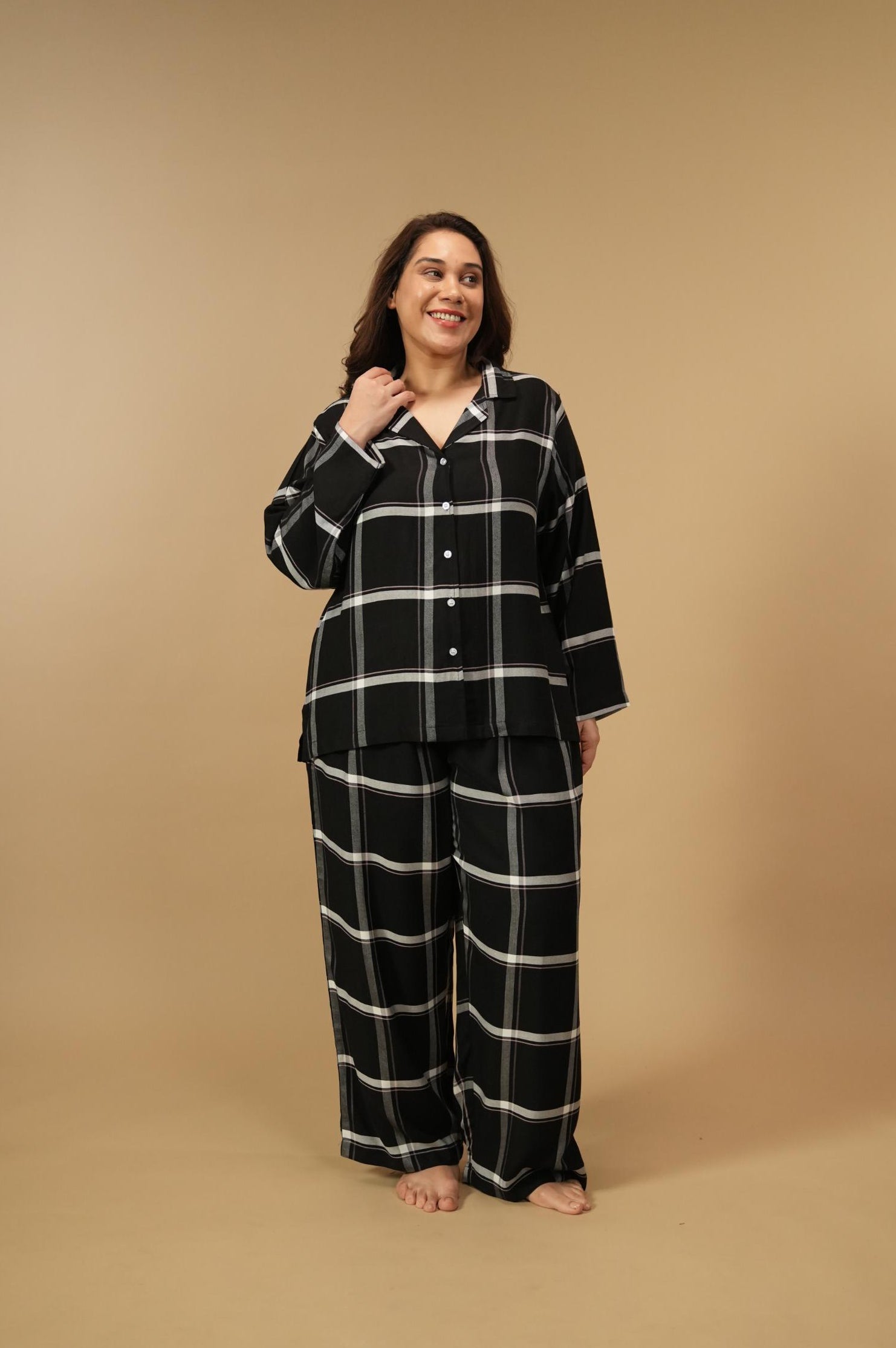 Clara Black Checks Cotton Blend Women's Curve Pajama Set- Full Sleeves