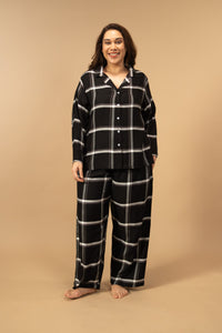 Clara Black Checks Cotton Blend Women's Curve Pajama Set- Full Sleeves