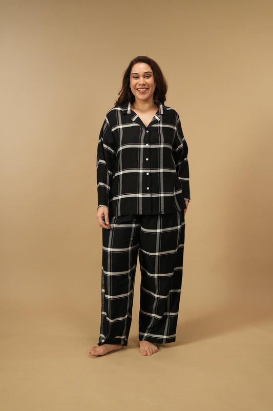 Clara Black Checks Cotton Blend Women's Curve Pajama Set- Full Sleeves
