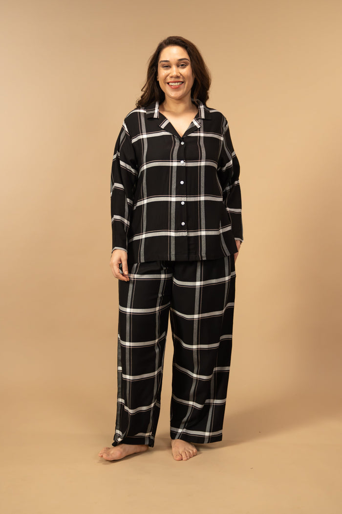 Clara Black Checks Cotton Blend Women's Curve Pajama Set- Full Sleeves