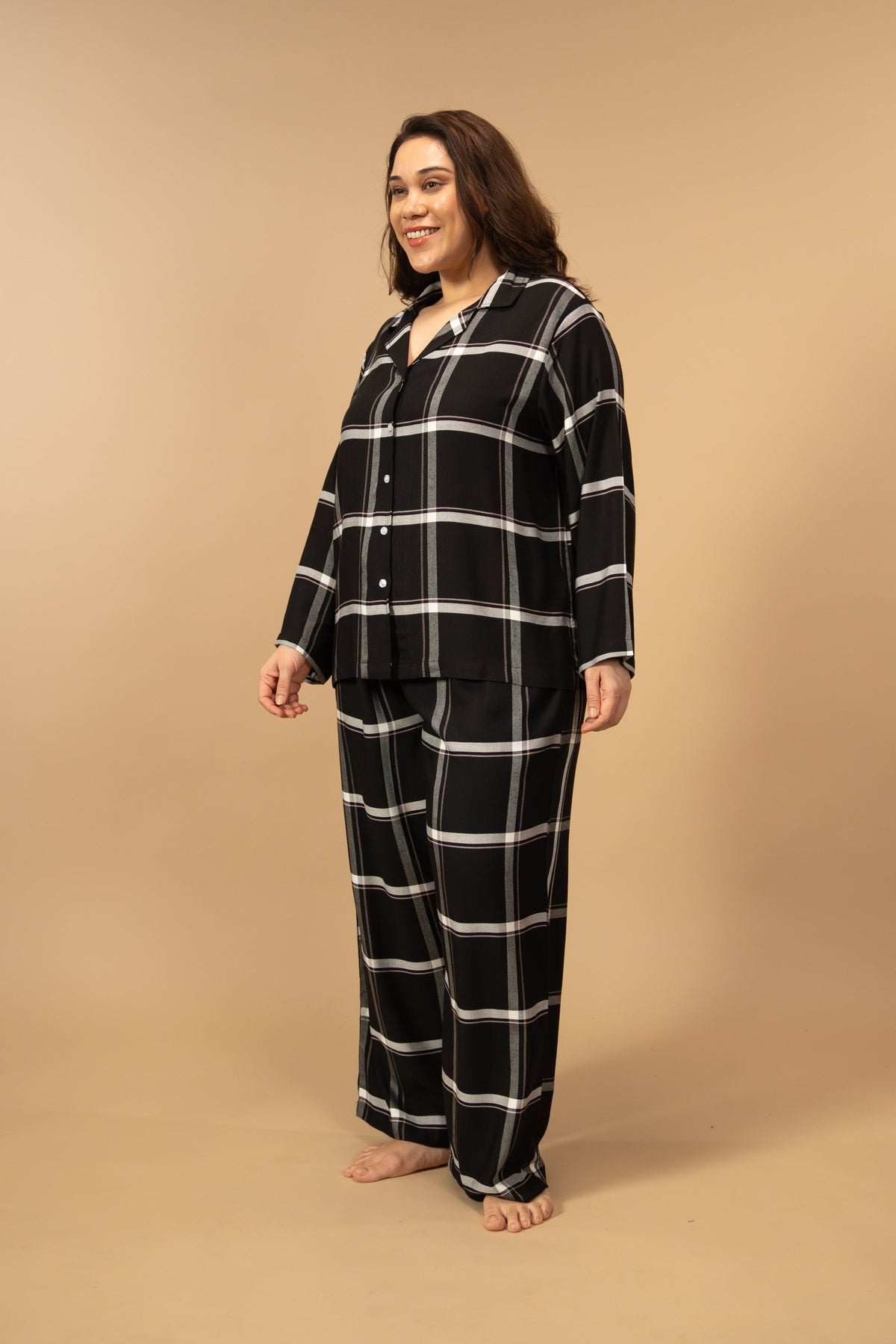 Clara Black Checks Cotton Blend Women's Curve Pajama Set- Full Sleeves