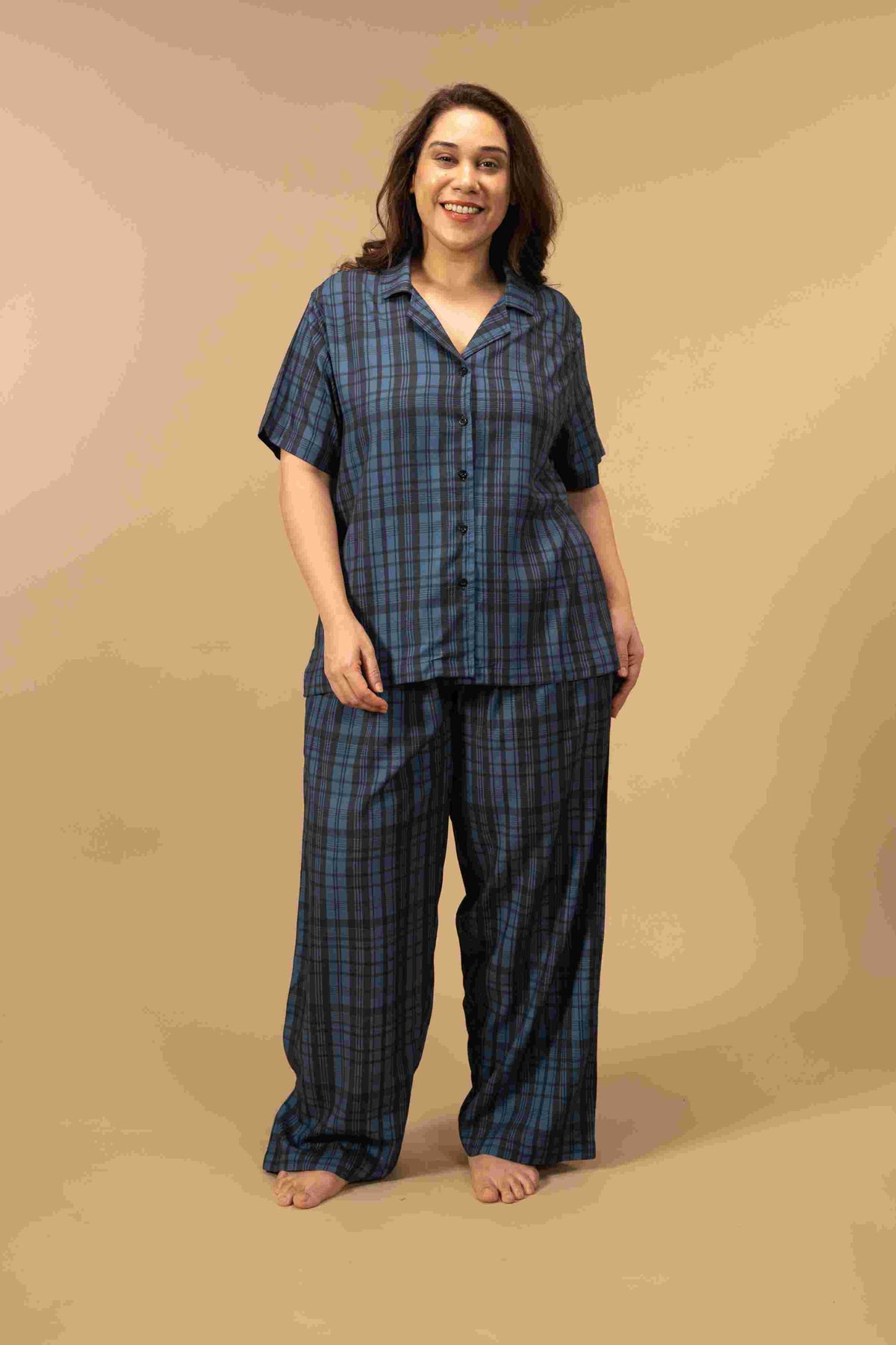 Twilight Check Viscose Women's Curve Pajama Set - Half Sleeves