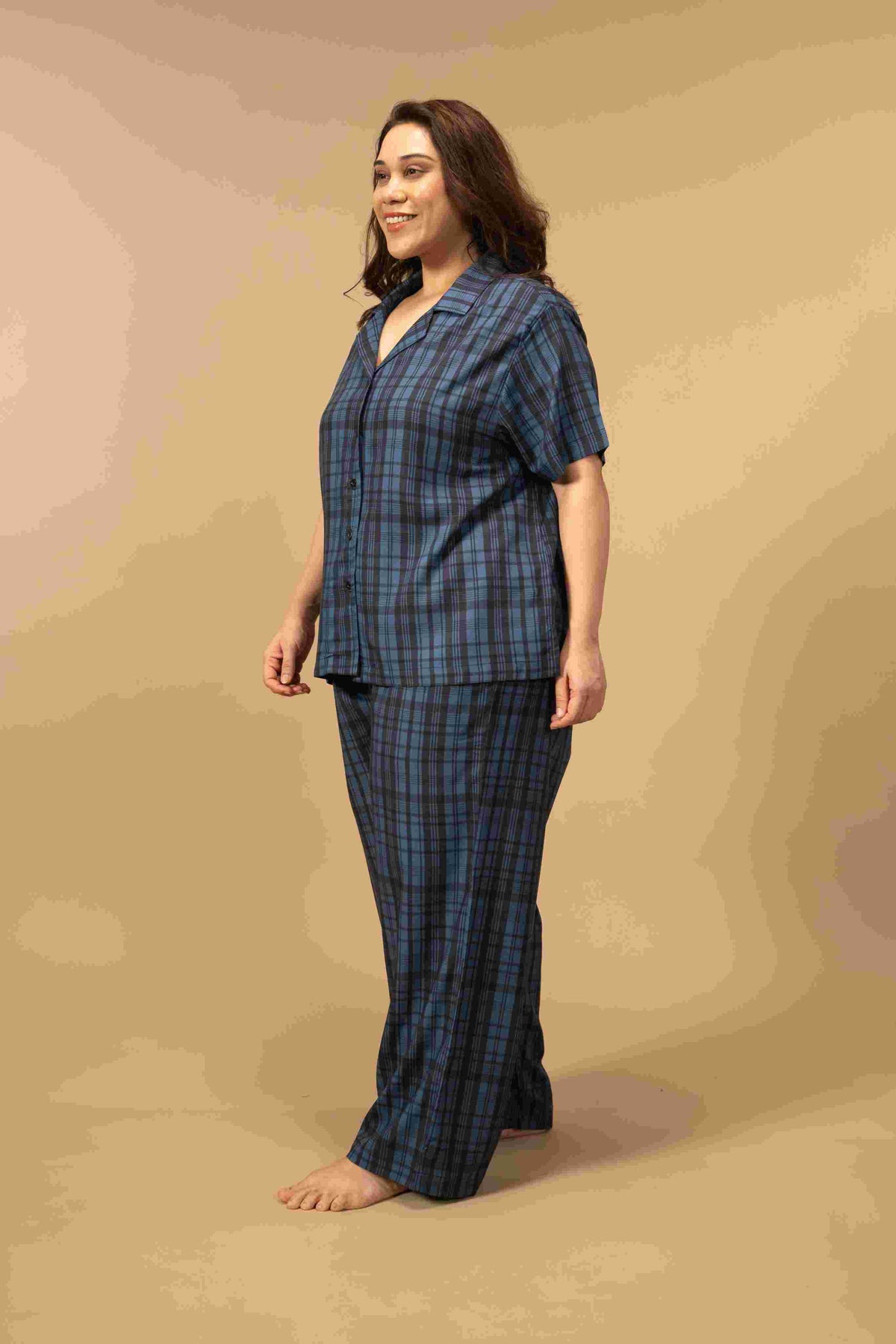 Twilight Check Viscose Women's Curve Pajama Set - Half Sleeves
