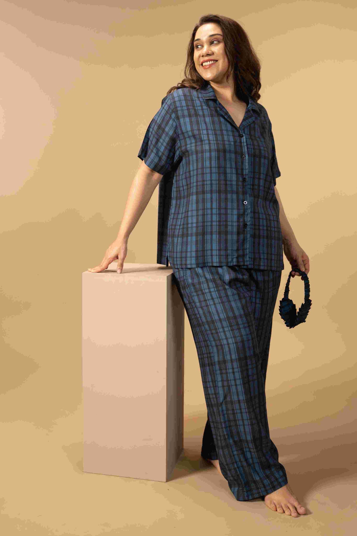 Twilight Check Viscose Women's Curve Pajama Set - Half Sleeves