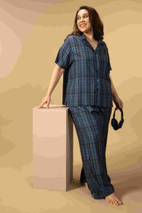 Twilight Check Viscose Women's Curve Pajama Set - Half Sleeves