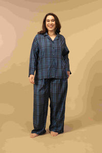 Twilight Check Viscose Women's Curve Pajama Set - Full Sleeves