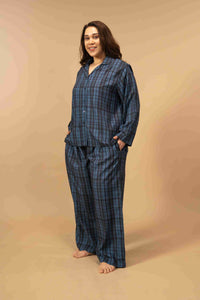 Twilight Check Viscose Women's Curve Pajama Set - Full Sleeves