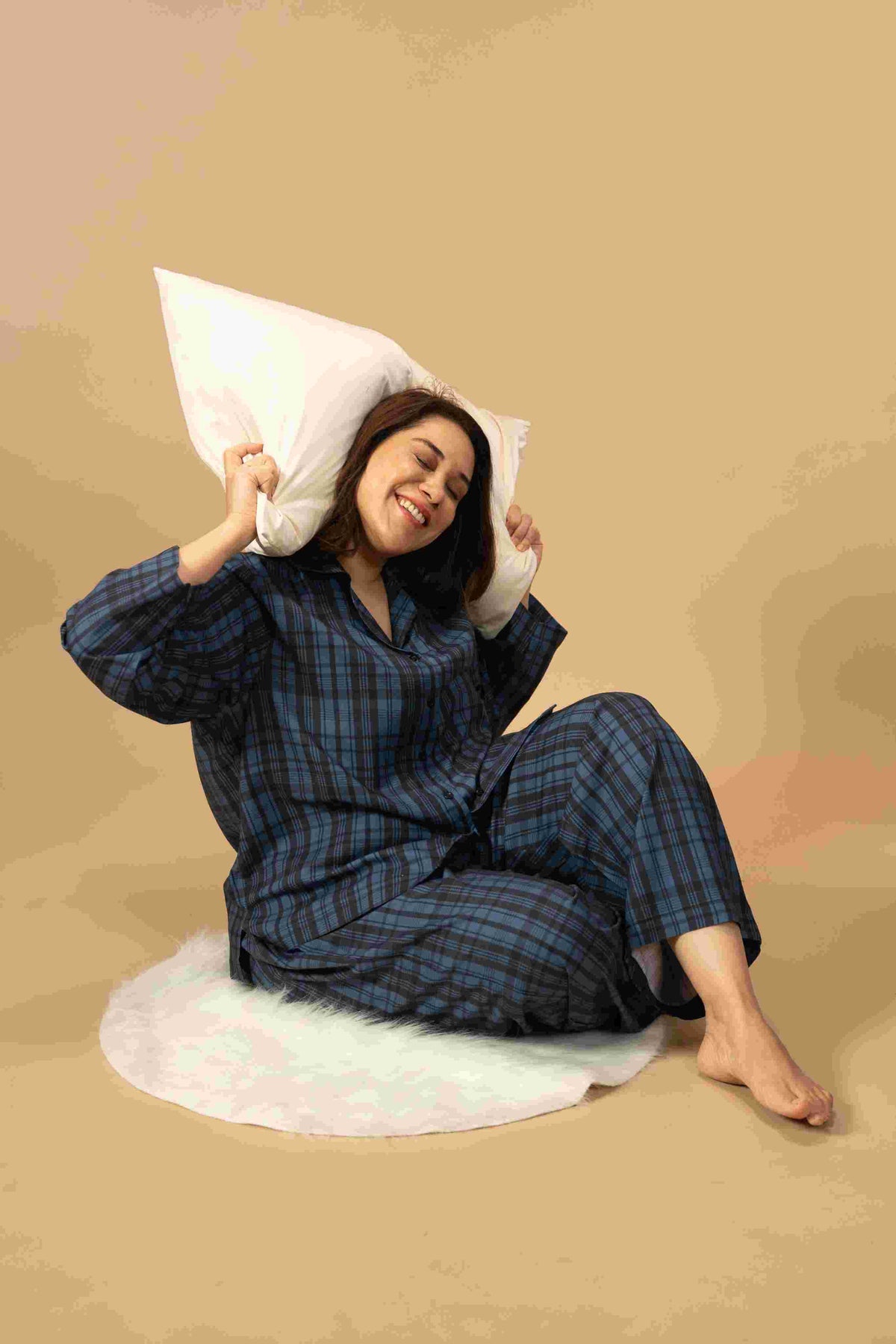 Twilight Check Viscose Women's Curve Pajama Set - Full Sleeves