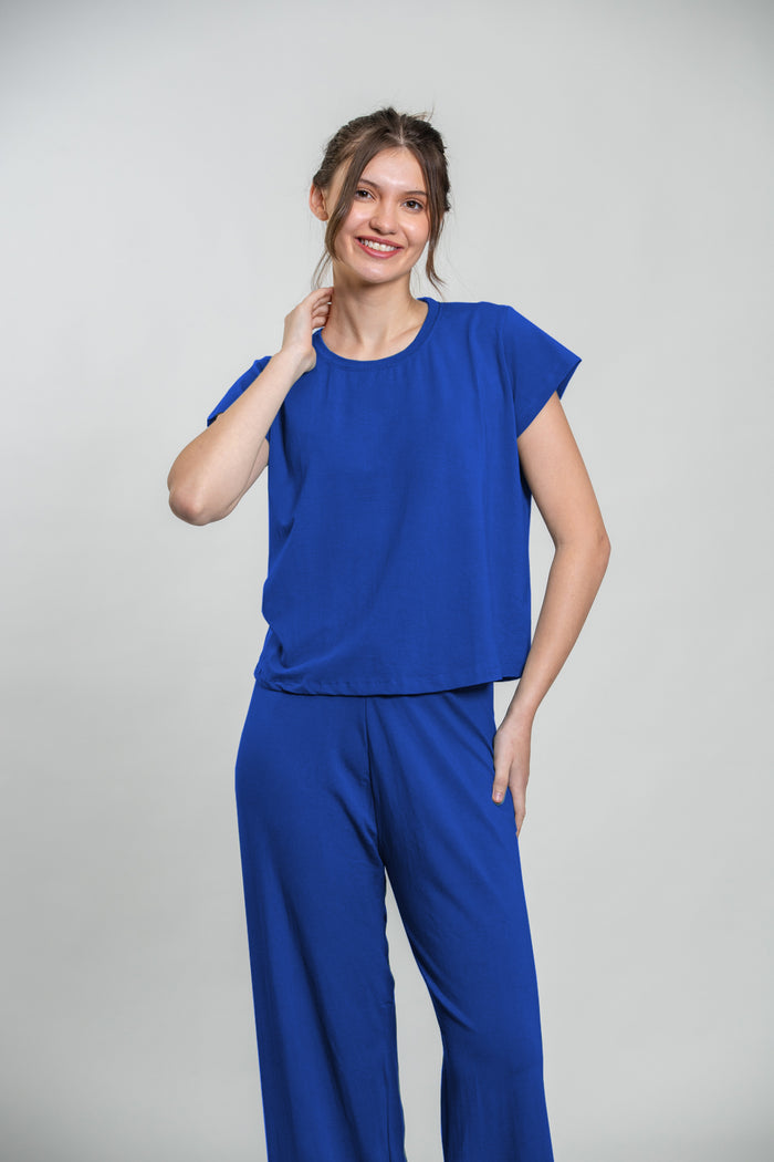 Royal Blue Lucy Butter-Soft Cotton Knit Pajama Set - Half Sleeves