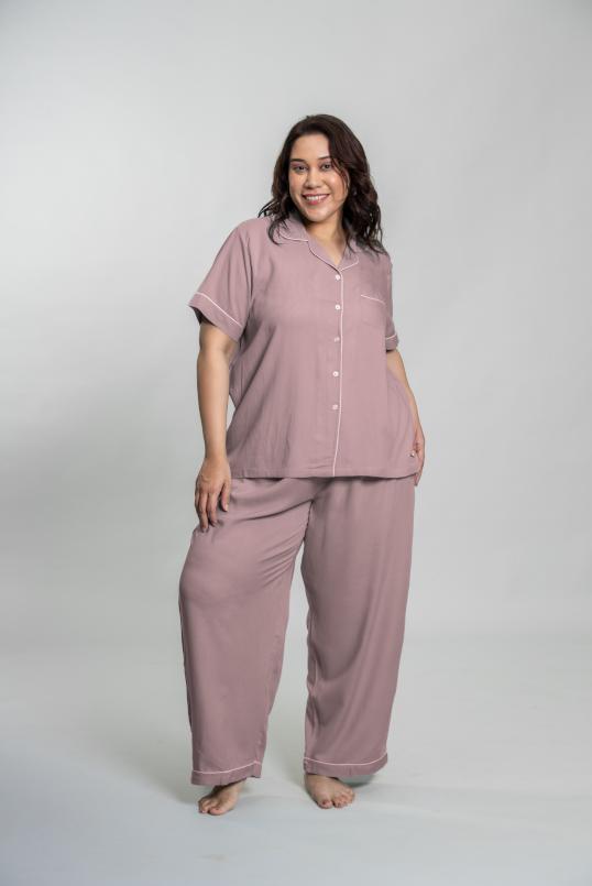 Emily Mauve Soft Cotton Blend Women's Curve Pajama Set - Half Sleeves