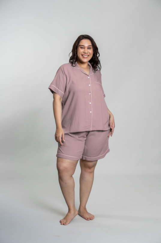 Emily Mauve Soft Cotton Blend Women's Curve Shorts Set - Half Sleeves