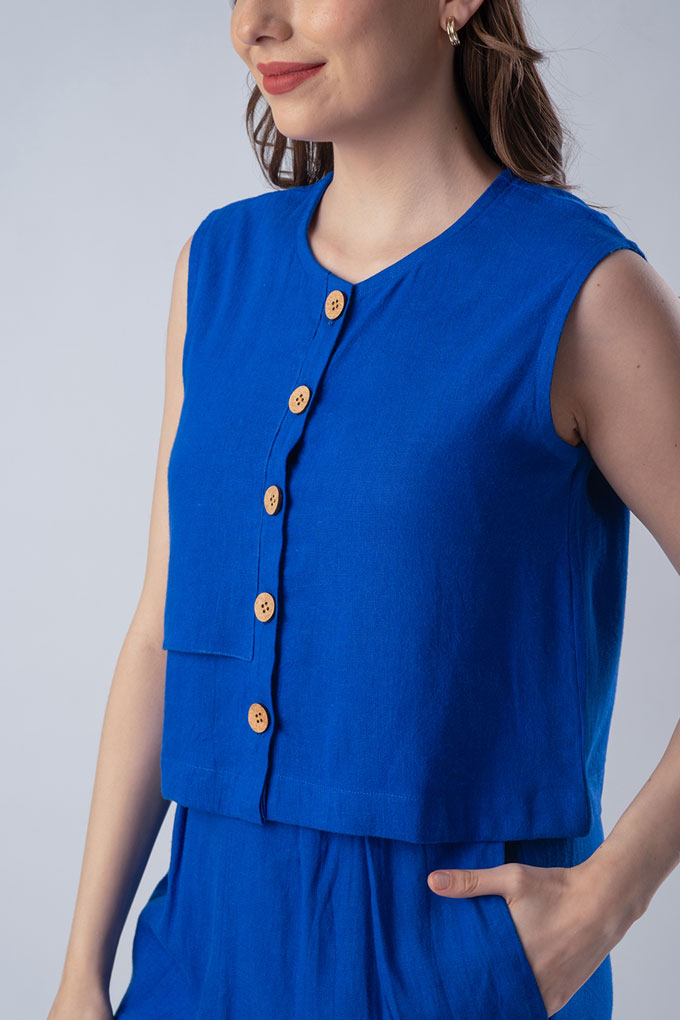 Tiffany Edge Blue Linen Women's Lounge Top