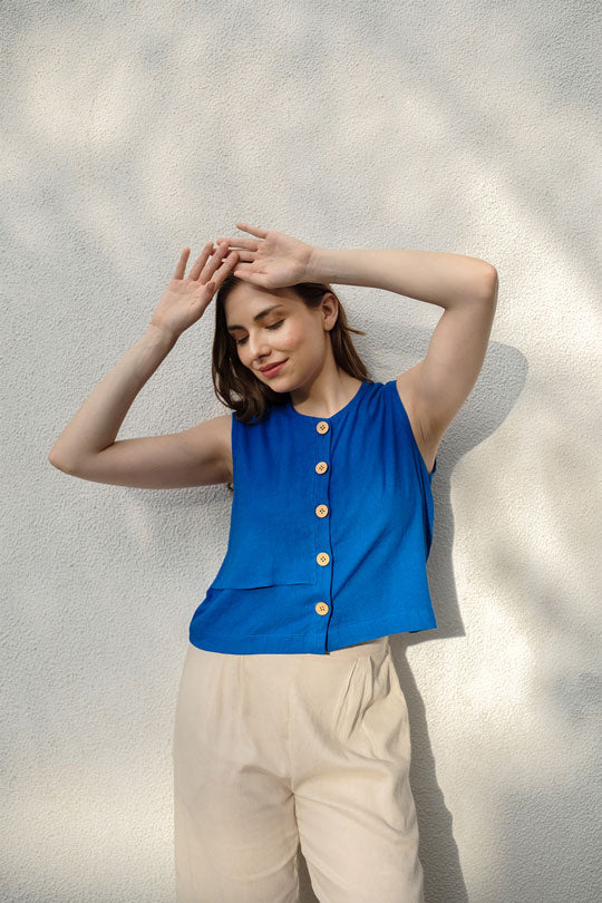 Tiffany Edge Blue Linen Women's Lounge Top