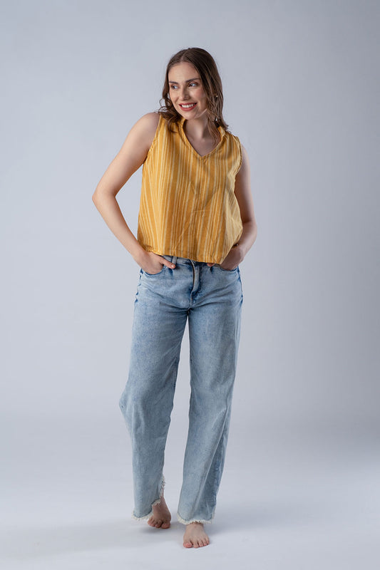 Tuscany Stripe Yellow Cotton Blend Women's Top