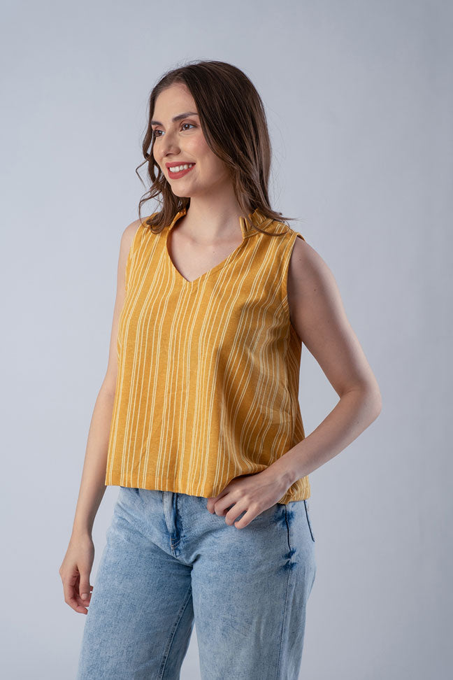 Tuscany Stripe Yellow Cotton Blend Women's Top